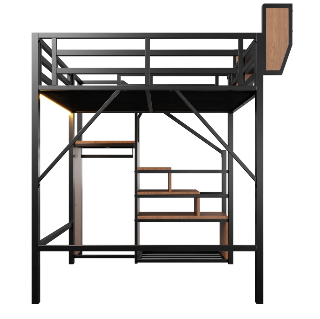 Letto a soppalco 140 × 200 cm con LED multicolore; scala e ripiano regolabile; metallo nero
