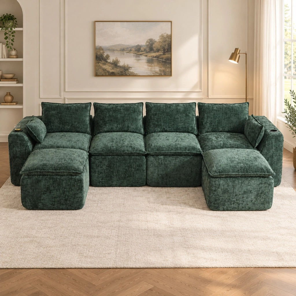 Divano modulare in ciniglia verde con pouf e tasche laterali