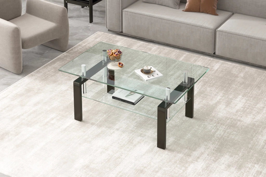 Tavolino da salotto 100 × 60 × 44 cm a due ripiani in vetro temperato trasparente e metallo dal design moderno