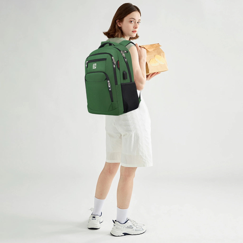 Zaino portatile verde con presa USB e tasca antifurto