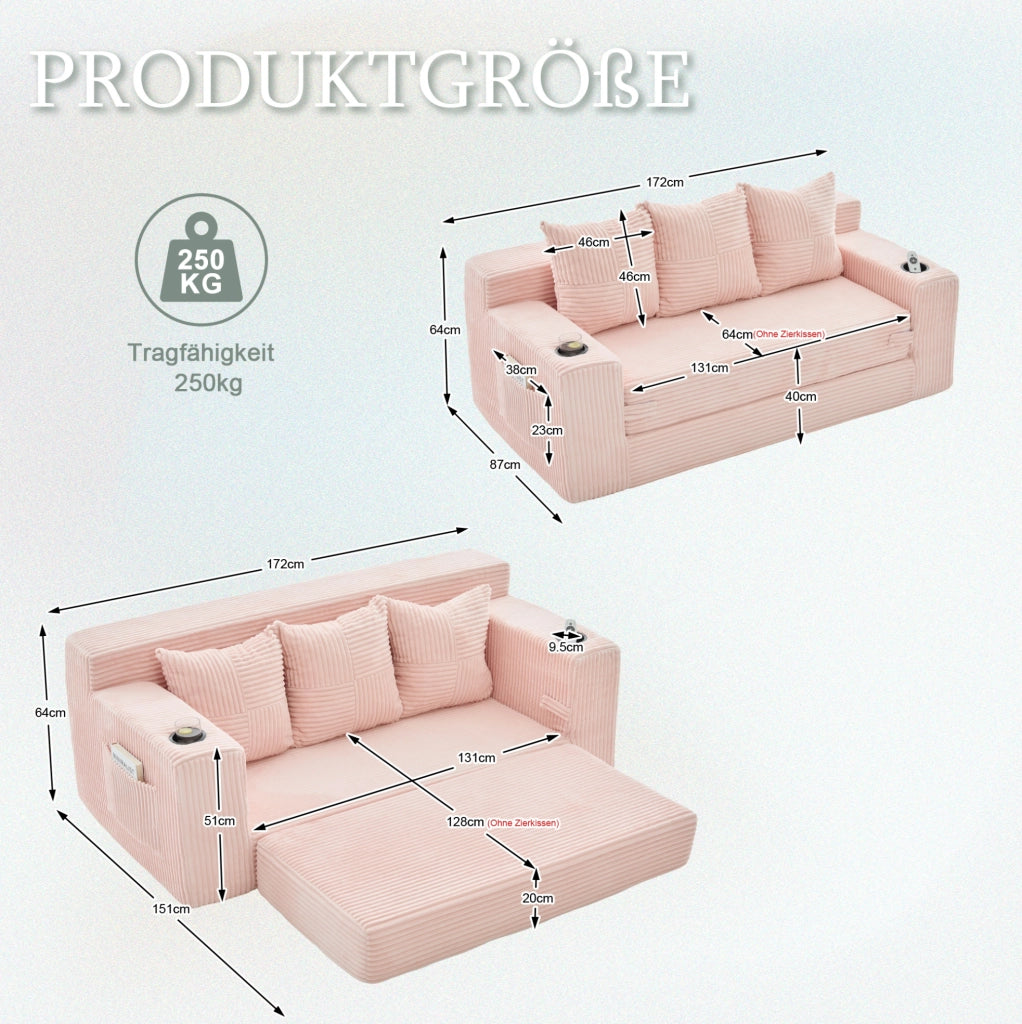 Divano modulare rosa in velluto a coste con portabicchieri