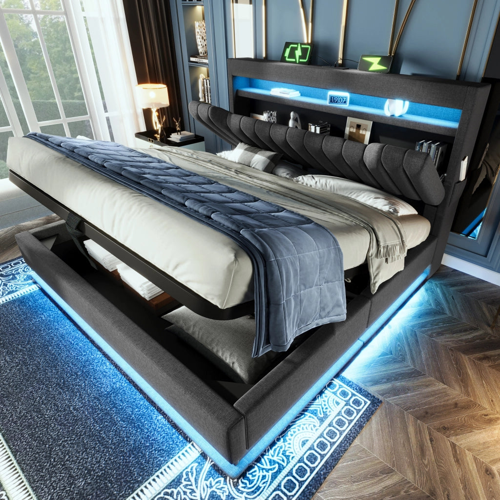 Letto contenitore 90 ¡Á 200 cm con testiera portaoggetti LED USB e Type-C in lino beige; senza materasso