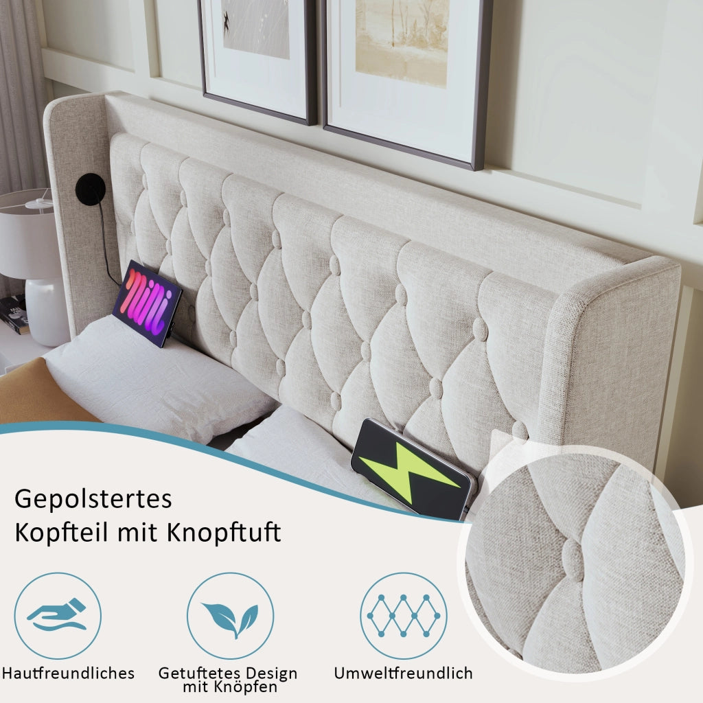 Letto matrimoniale contenitore 160 × 200 cm con materasso a molle LED USB Tipo C testiera imbottita cotone beige