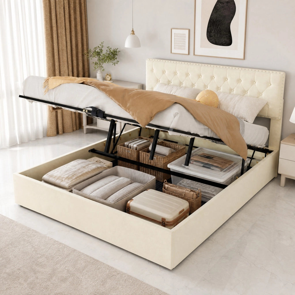Letto matrimoniale 160x200 cm con testiera alta in tessuto e metallo; beige