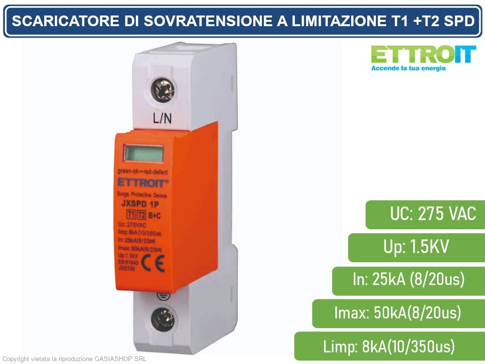 ETTROIT SCARICATORE LIMITATORE DI SOVRATENSIONE TIPO T1+T2 1P 25KA-50KA SPD A LIMITAZIONE PER BARRA DIN