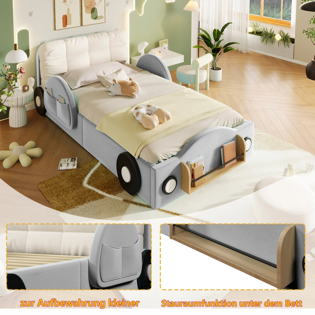 Letto imbottito 90 × 200 cm con contenitore idraulico; flanella grigia e tasche laterali