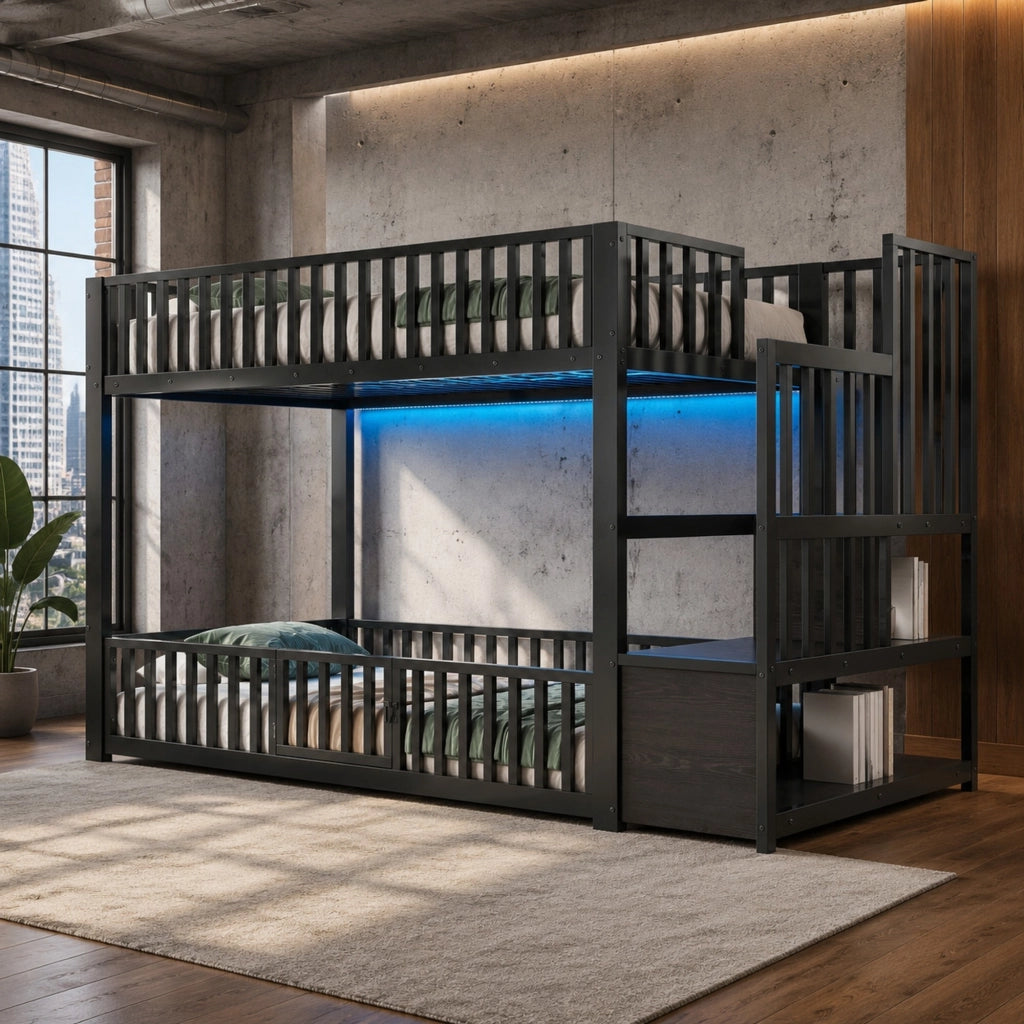 Letto a castello basso 90x200 cm con scala contenitore; LED e protezioni; nero