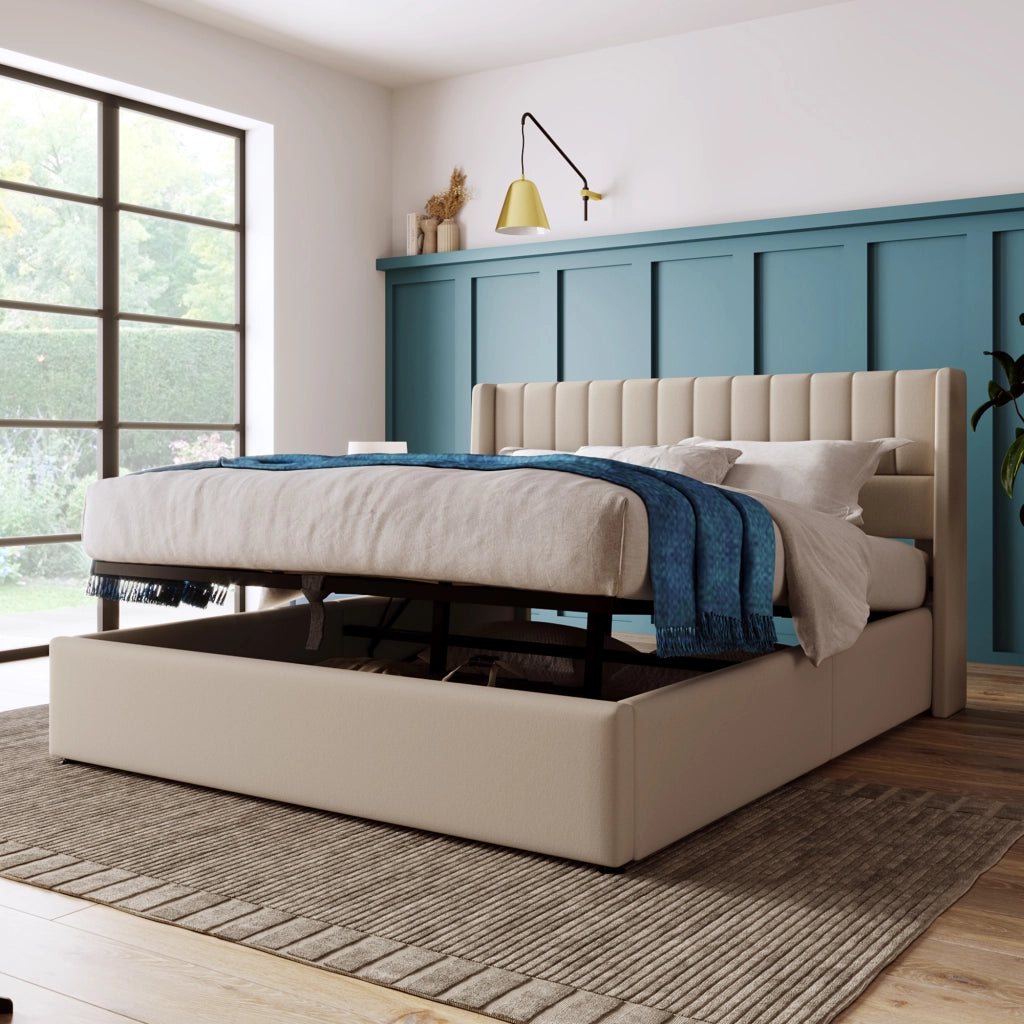Letto contenitore matrimoniale beige 160x200 cm con sollevamento idraulico