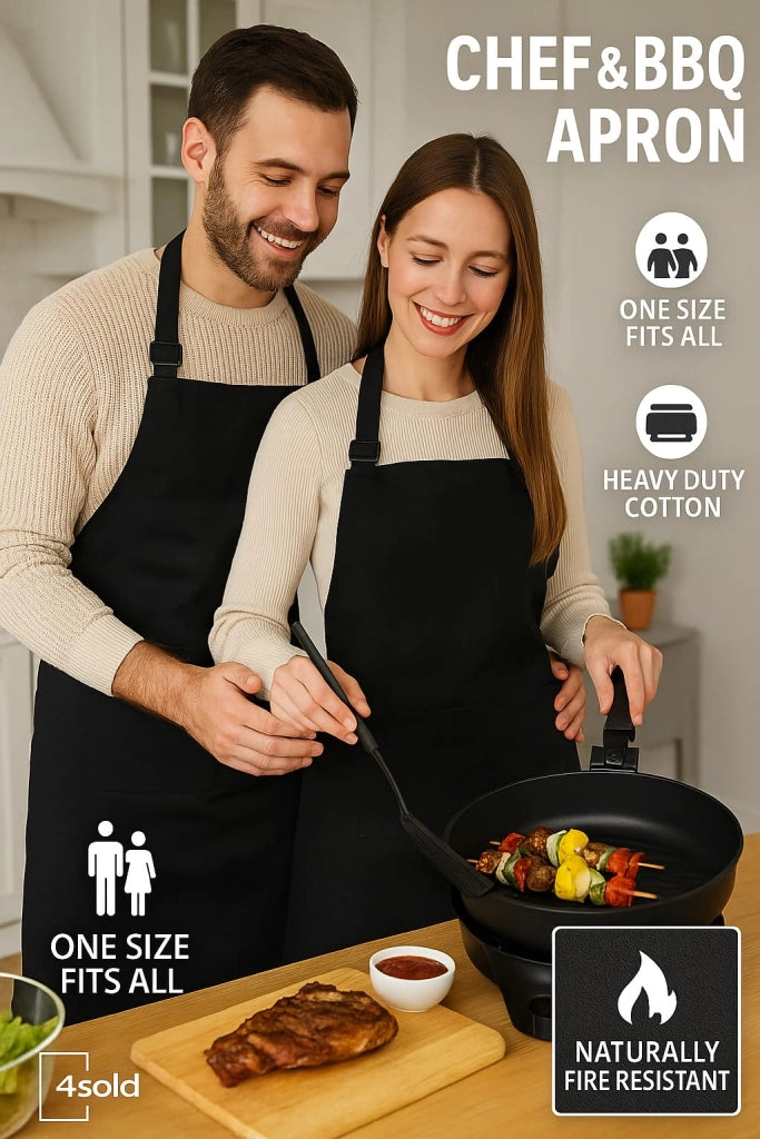 Grembiule da cucina in cotone, 240 g/m², confezione da 2, colore nero, regolabile