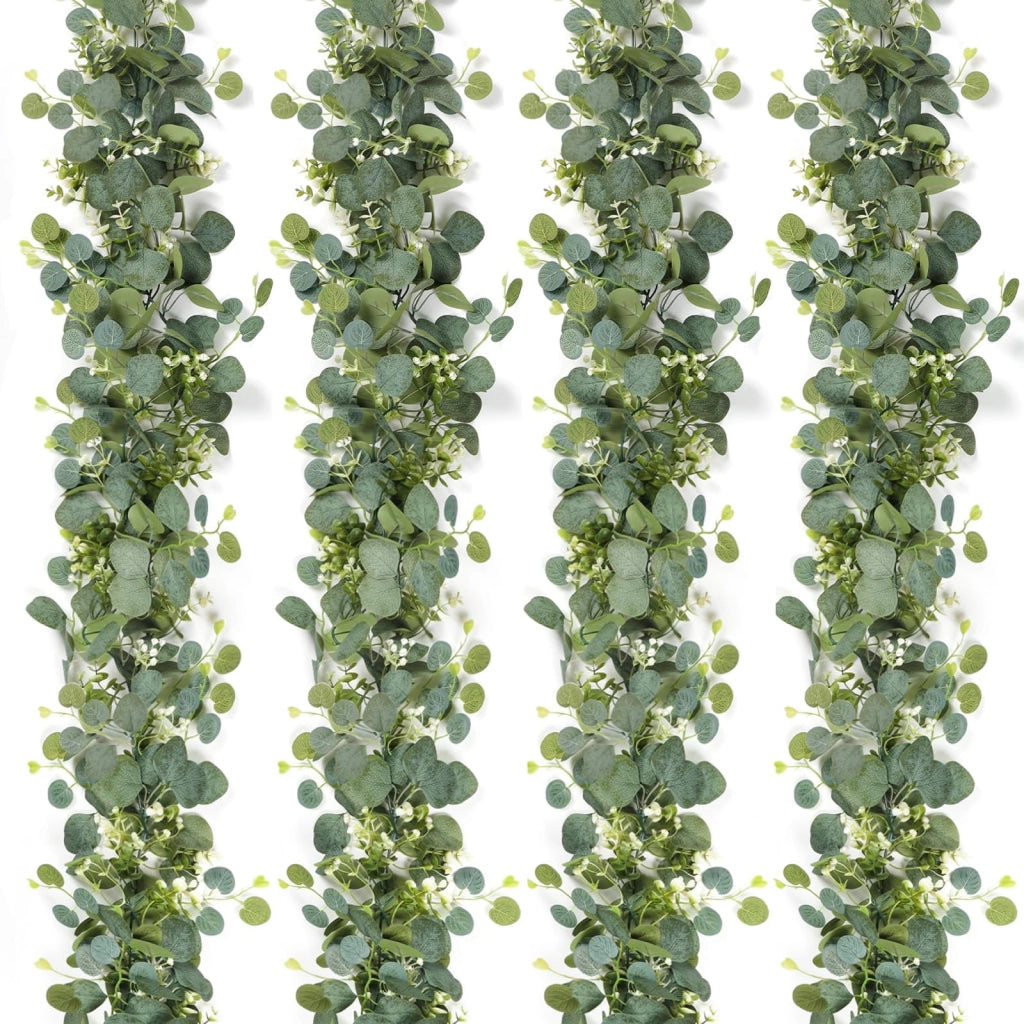 Set di 4 ghirlande di eucalipto artificiale, lunghezza 180 cm, colore verde e bianco