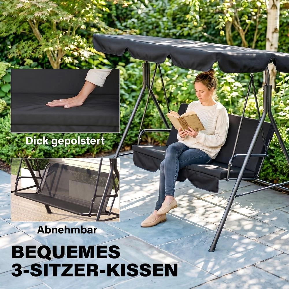 Dondolo da Giardino 3 Posti con Tettuccio Parasole Inclinabile, Struttura in Acciaio, Nero, 172 cm x 110 cm x 153 cm