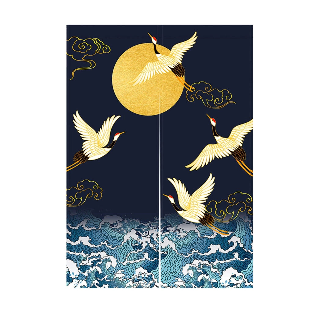 Tenda giapponese "Noren" con motivi di gru, onde e luna, dimensioni 85x120 cm