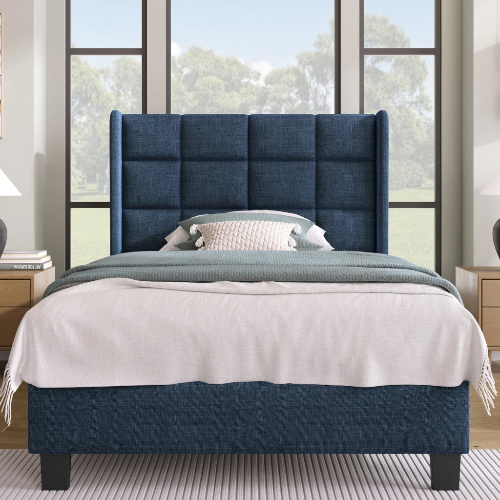 Letto Singolo Moderno con Testiera Imbottita, Rete a Doghe 90x200 cm, Tessuto Blu Lino, Montaggio Incluso, Senza Materasso