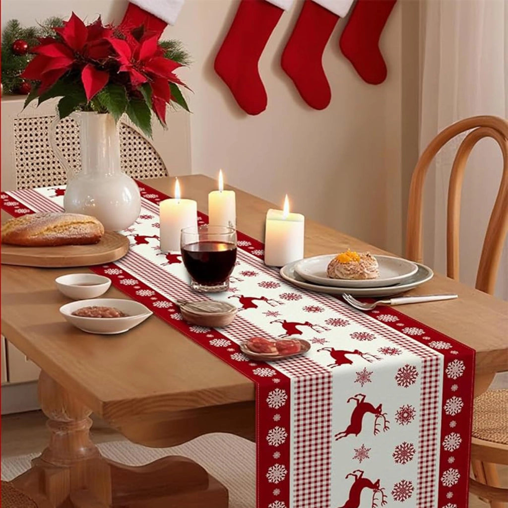 Runner da tavolo rosso a tema renna, 33x183 cm, cotone e lino, confezione singola