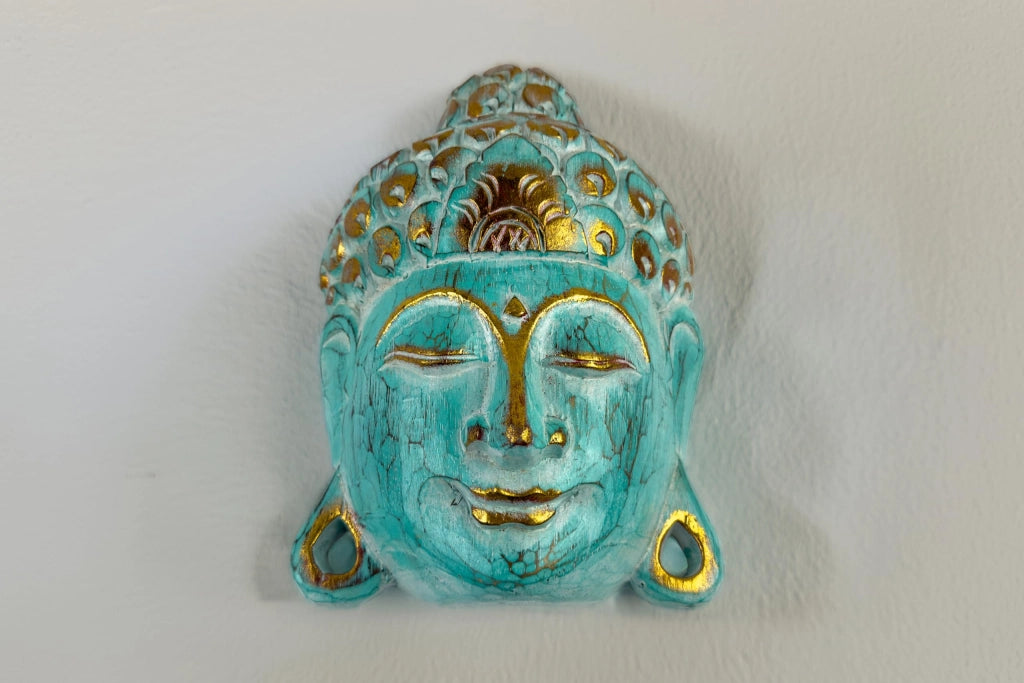 Maschera buddista, finitura turchese, legno, 25 cm, decorazione da parete