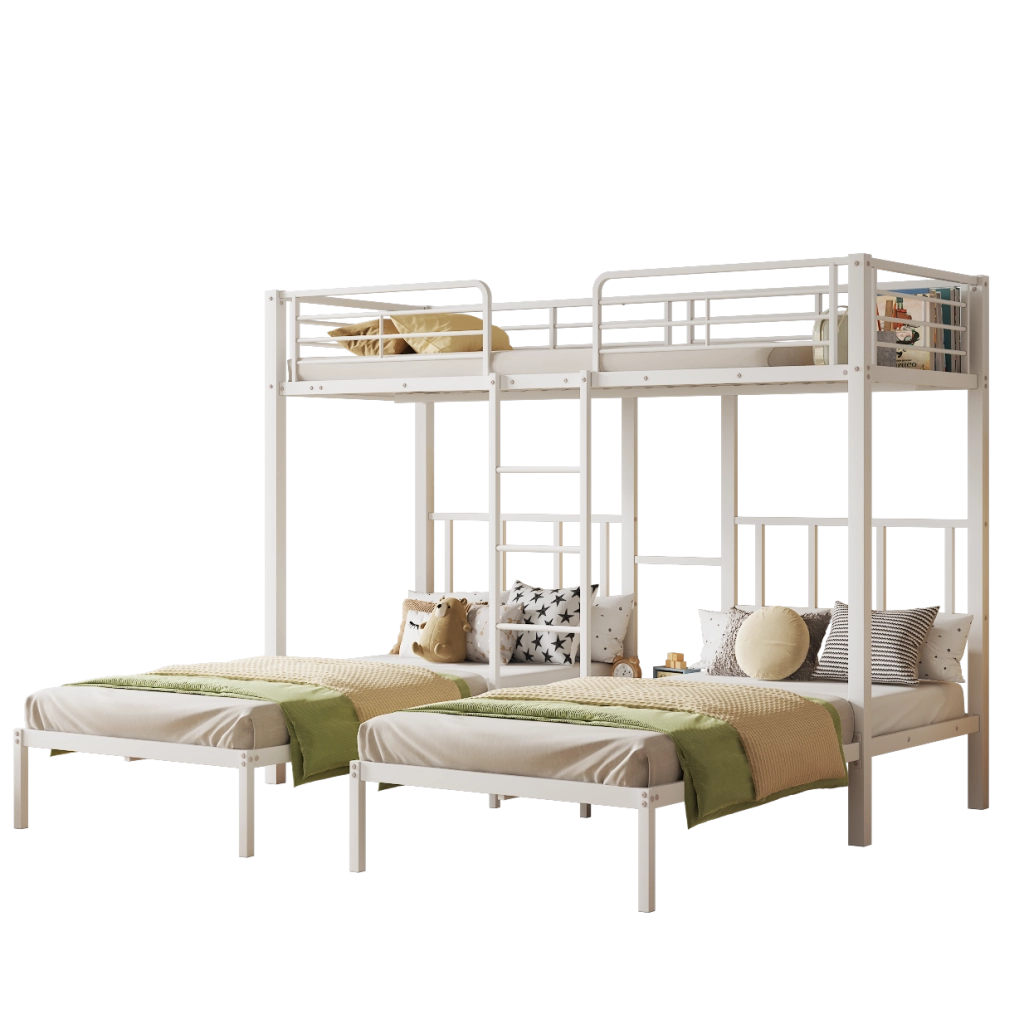 Letto a castello triplo per bambini e ragazzi 90 × 200 cm in metallo bianco con scala tavolo e sponde alte