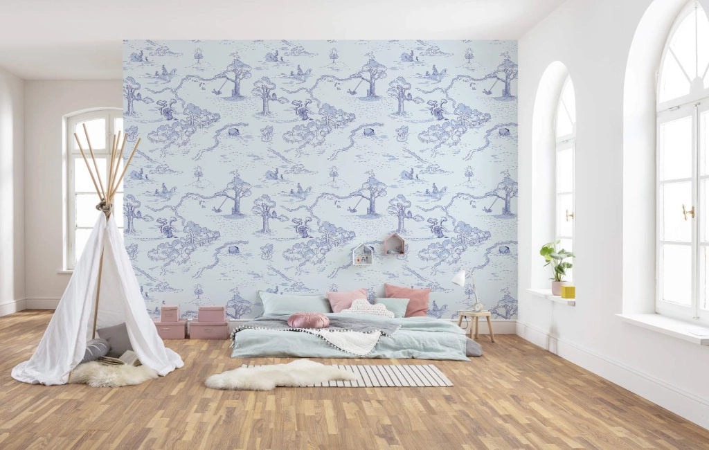 Carta da parati Winnie Pooh, dimensioni 400x280 cm, tessuto non tessuto, colore blu