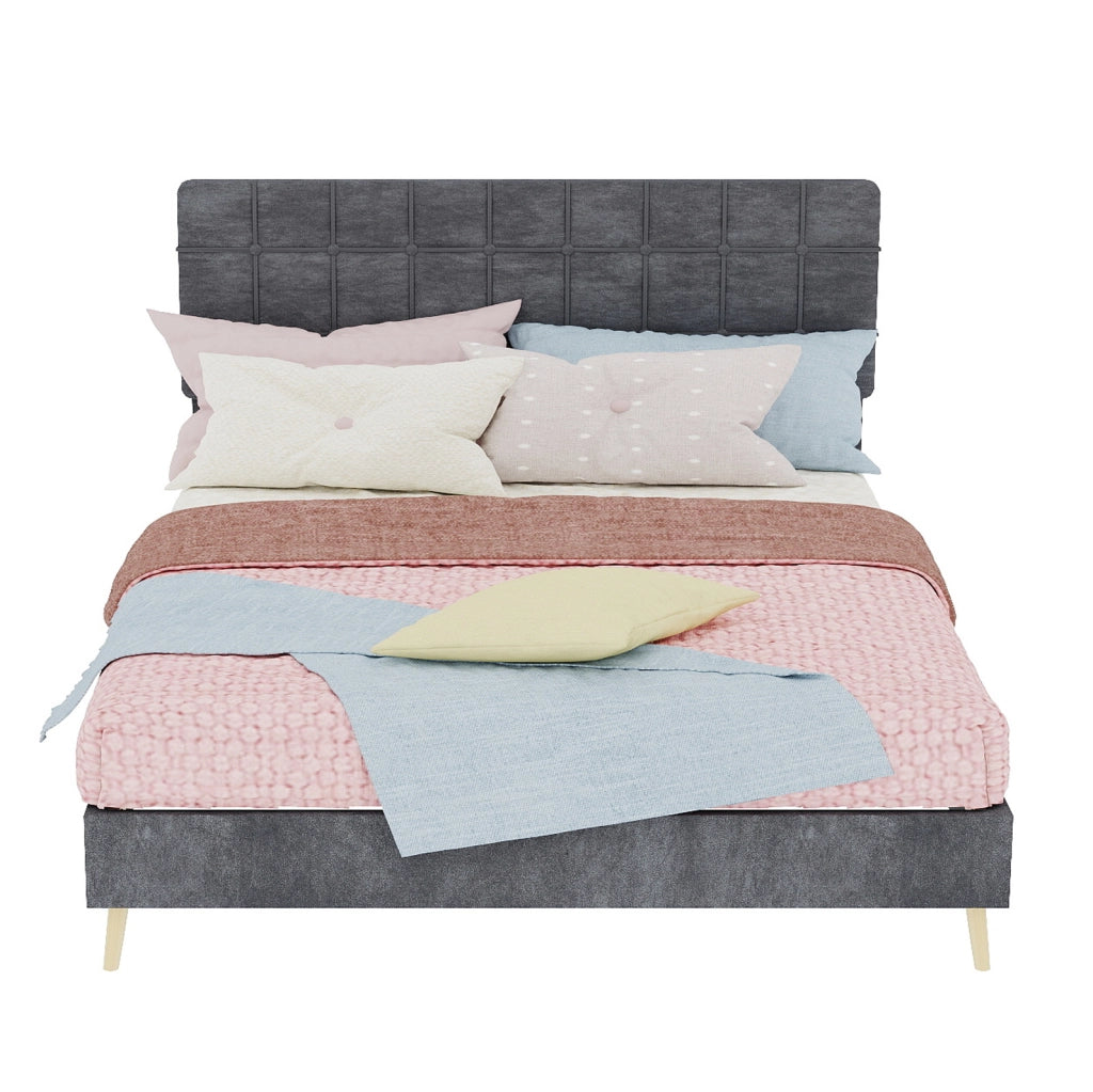Letto matrimoniale grigio scuro in tessuto con testiera imbottita a quadri, 140x200 cm, materasso incluso