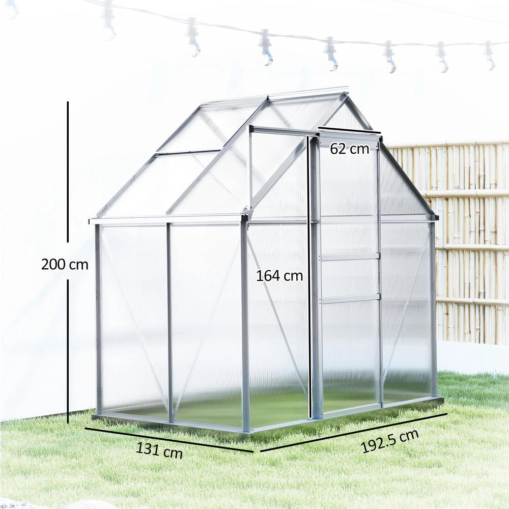 Serra da Giardino in Policarbonato e Alluminio Robusta con Porta e Finestra a Tetto 192.5x131x200 cm Argento
