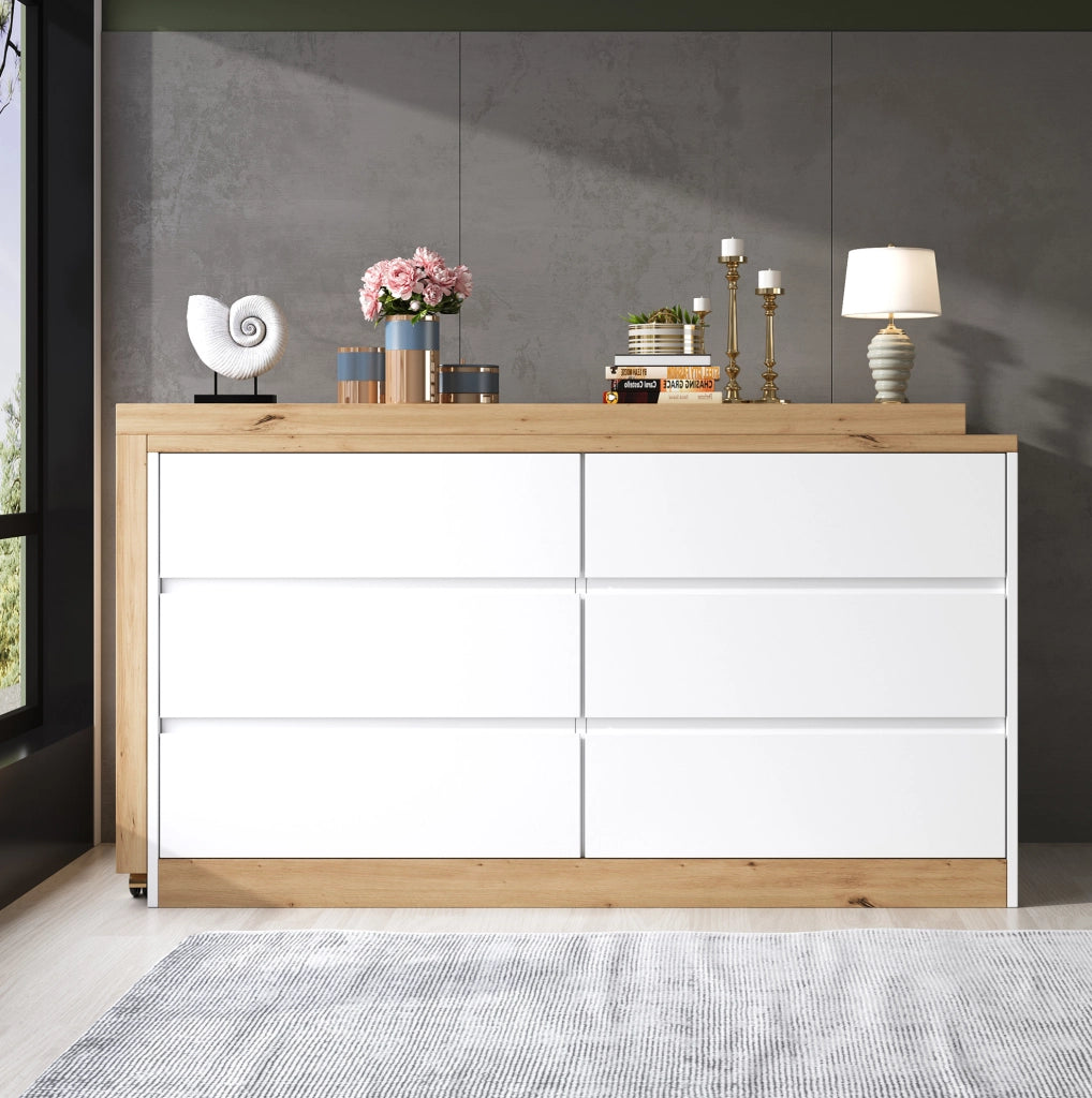 Scrivania girevole 120x50 cm con 6 cassetti e ruote bloccabili in truciolare rovere e bianco