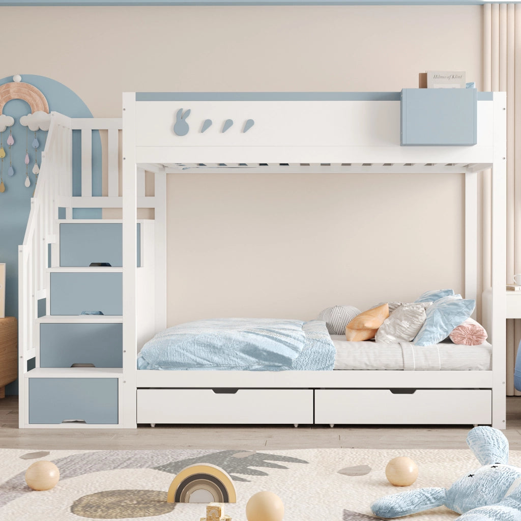Letto a castello per bambini 90x200 cm bianco e blu con scala contenitore