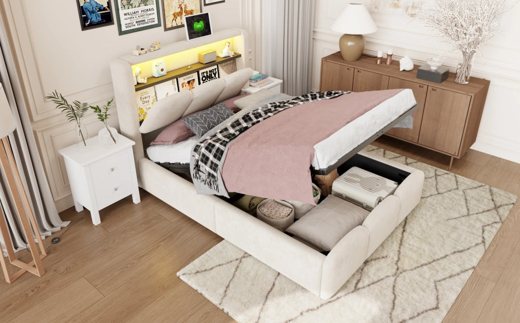 Letto singolo imbottito IVMEU 90x200 cm con contenitore idraulico, LED e prese USB e Type-C, velluto beige