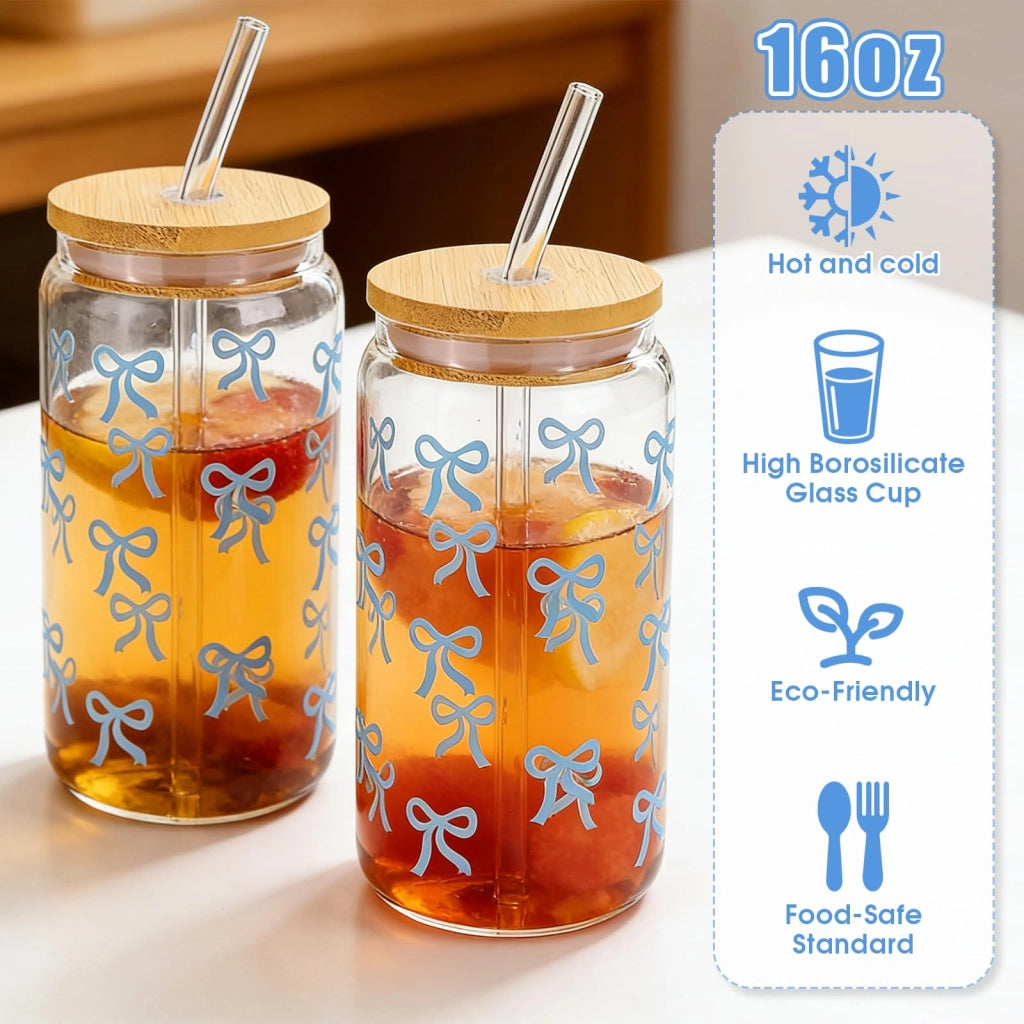 Set di bicchieri in vetro con coperchio e cannucce, capacità 40 ml, colore blu