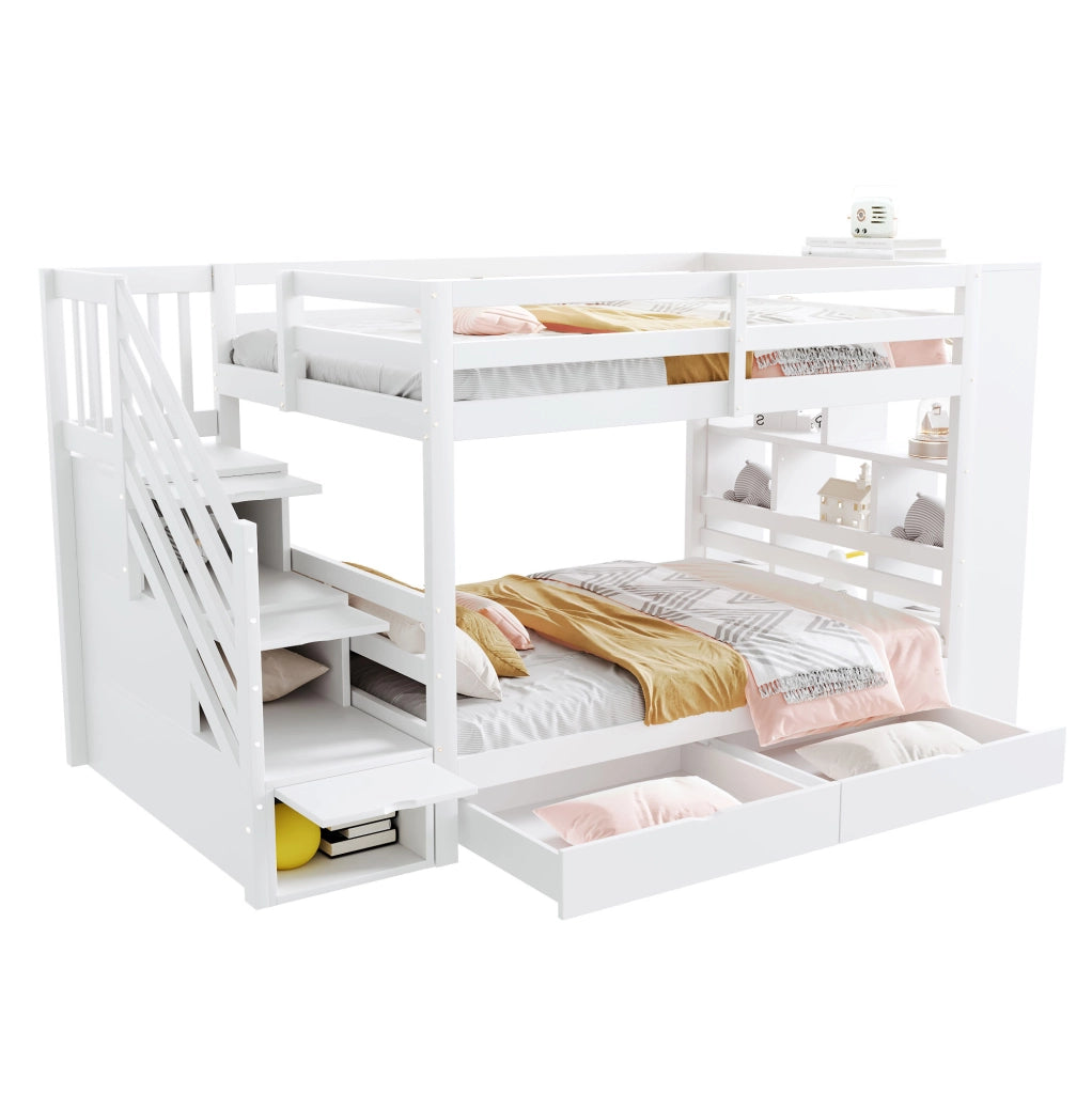 Letto a castello 90x200 bianco in pino con contenitori e 2 materassi