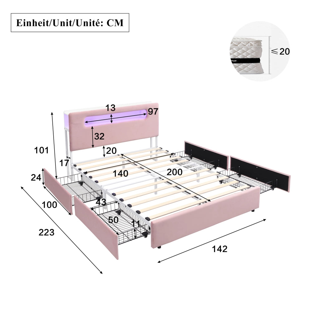 Letto imbottito per bambini 140 × 200 cm con quattro cassetti laterali testiera contenitore in velluto rosa LED app