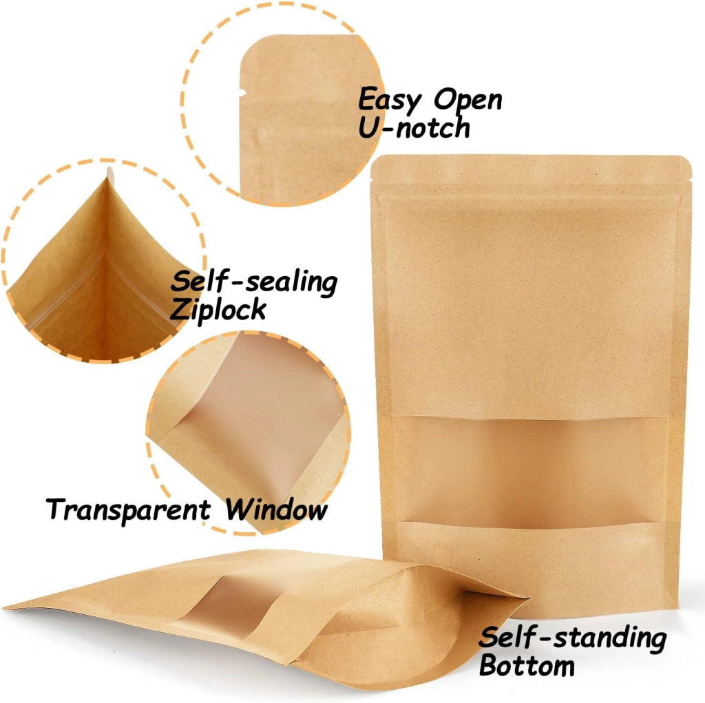 Sacchetti di carta kraft con chiusura a zip, confezione da 100, colore marrone, dimensioni 15,9 x 8,7 pollici