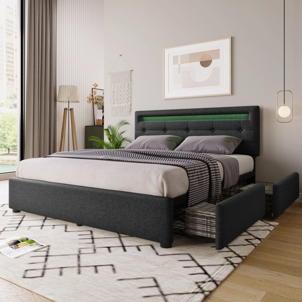 Letto matrimoniale 140 × 200 cm con LED e 4 cassetti in lino grigio testiera regolabile rete a doghe