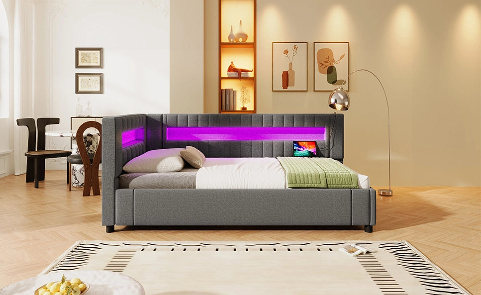 Divano letto 90x200 cm in lino grigio con LED, porta USB + Type-C e contenitore idraulico, senza materasso
