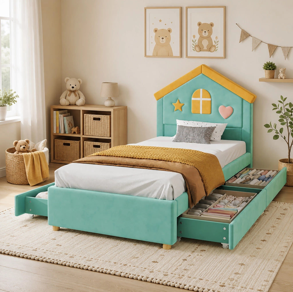 Letto imbottito per bambini 90 x 200 cm blu-verde con 4 cassetti