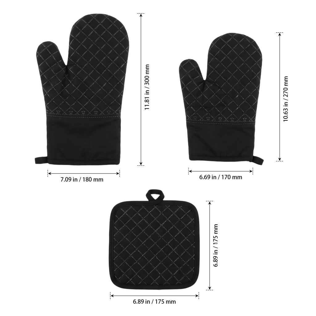 Set di guanti da forno da 8 pezzi, in cotone con silicone, colore nero, composto da 2 paia di guanti e 4 presine