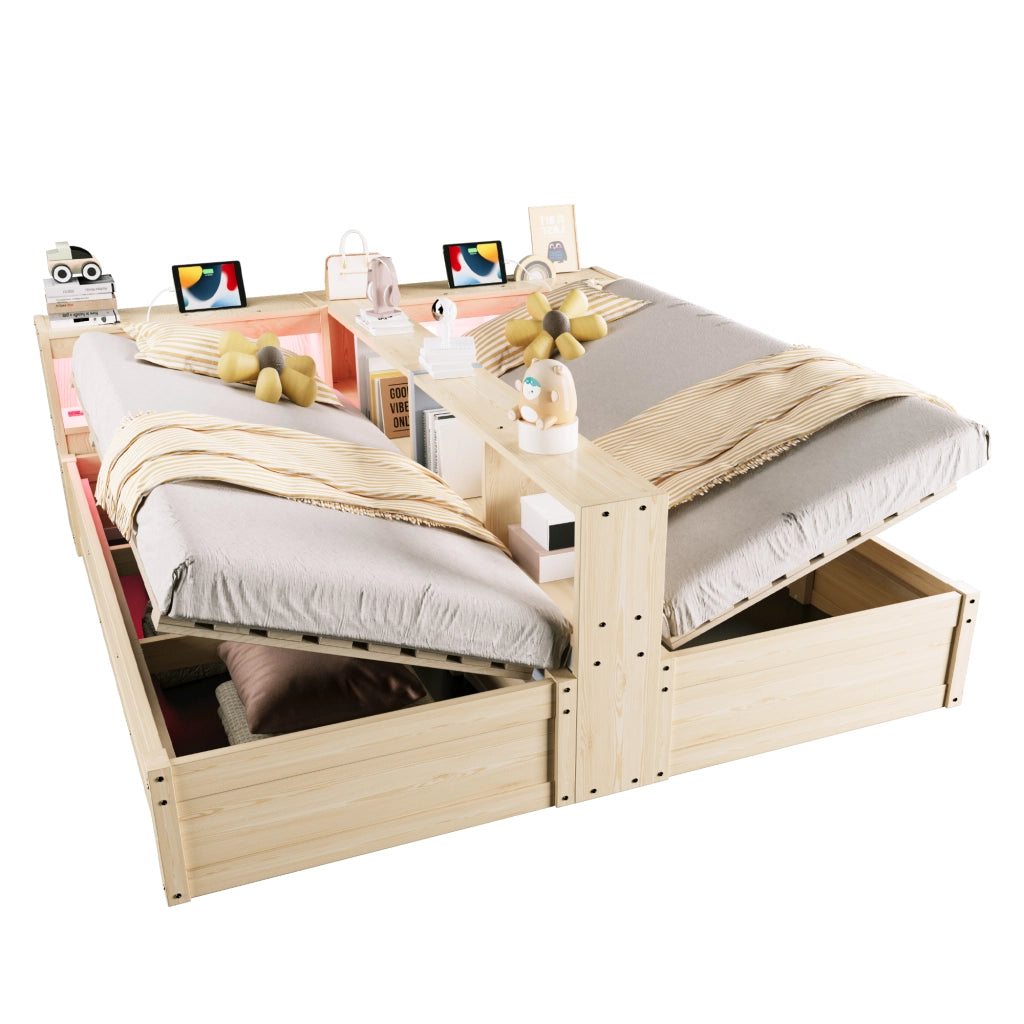 Letto matrimoniale multifunzionale con vano contenitore idraulico LED e prese integrate in legno naturale