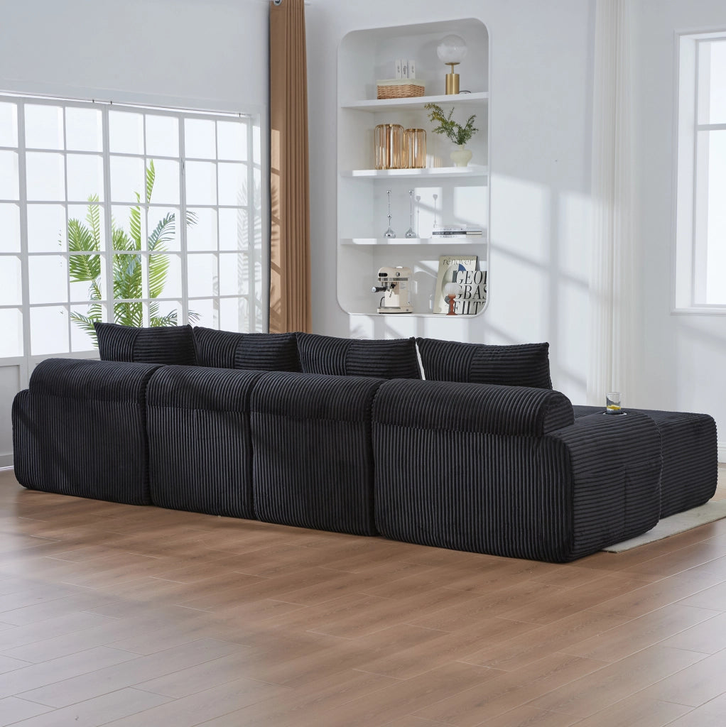 Divano modulare 4 posti 333x174x80 cm con moduli componibili, portabicchieri e tasca laterale in tessuto a coste nero, moderno