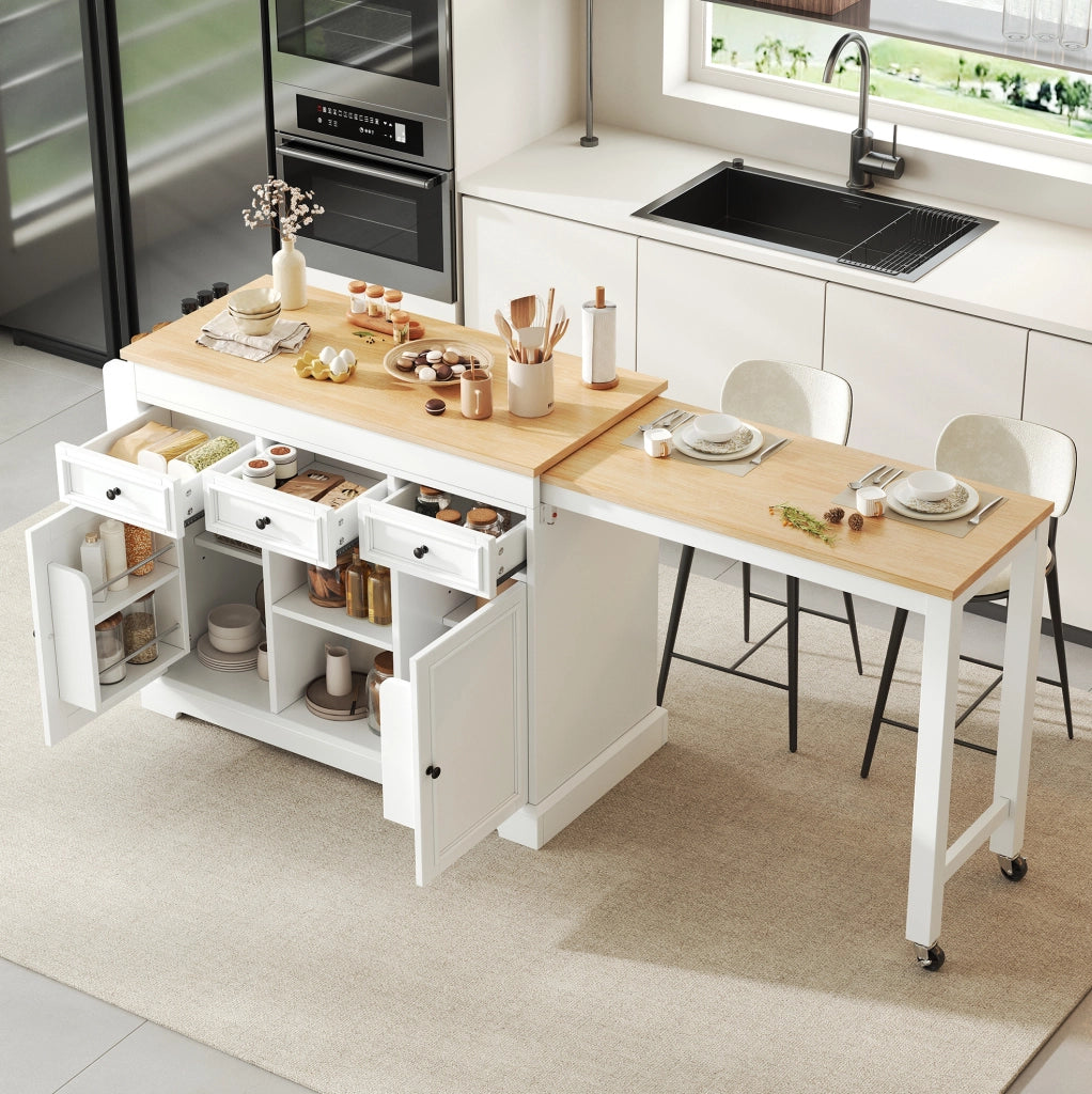 Isola da cucina mobile bianca e naturale con piano estraibile