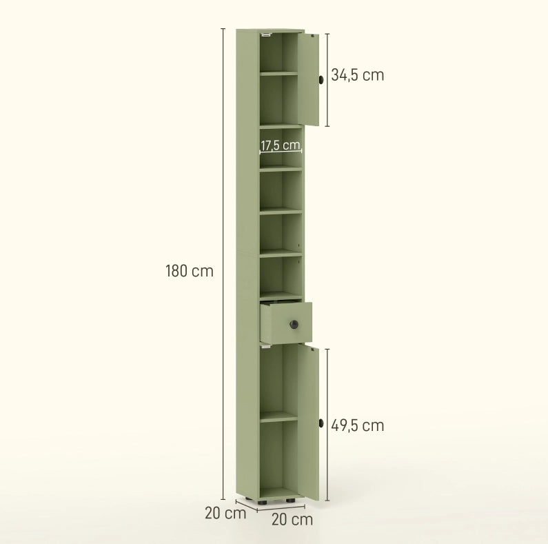 Colonna bagno sottile verde con cassetto e 4 ripiani aperti, 180 x 20 x 20 cm