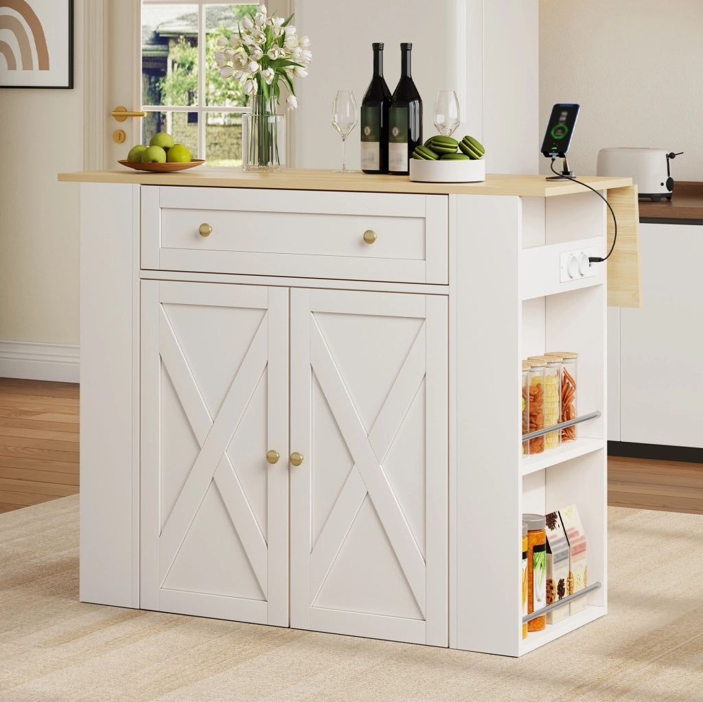 Isola da cucina 120x75x97 cm con piano pieghevole e prese USB in MDF bianco