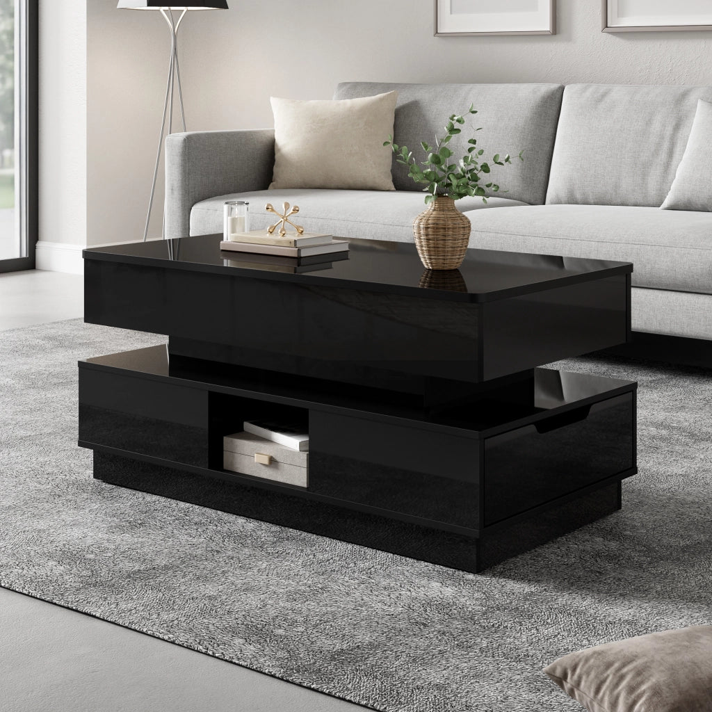Tavolino da salotto 90 × 48 × 42,5 cm regolabile in altezza MDF nero con LED presa cassetti e vani aperti