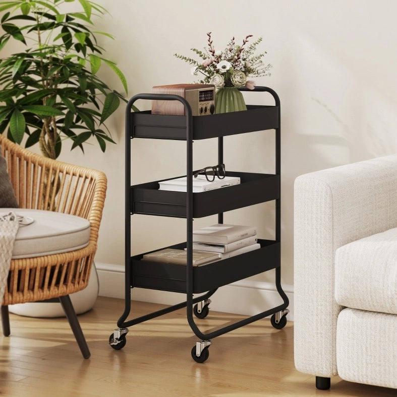 Carrello da cucina nero in metallo con 3 cestelli e 4 ruote, 64,5x34x87 cm