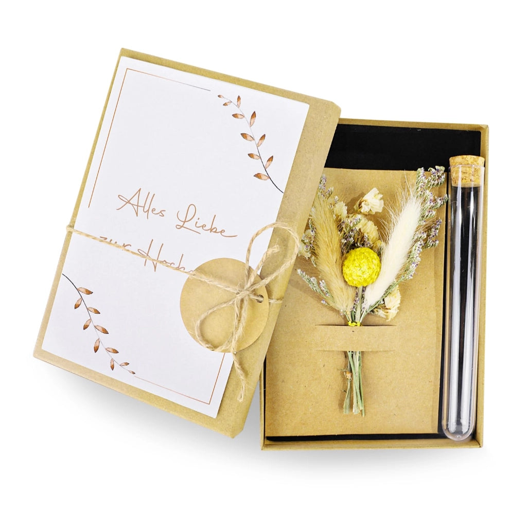 Scatola per il regalo di denaro per il matrimonio, con biglietto e fiori secchi