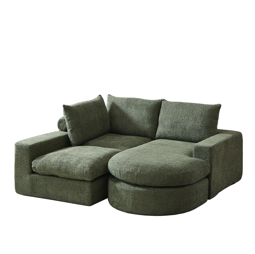 Divano modulare in ciniglia verde con chaise longue reversibile