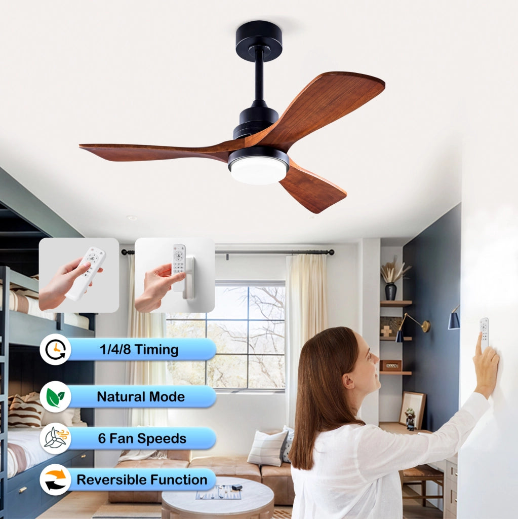 Ventilatore da soffitto con luce 107 cm metallo e legno nero noce, motore DC reversibile