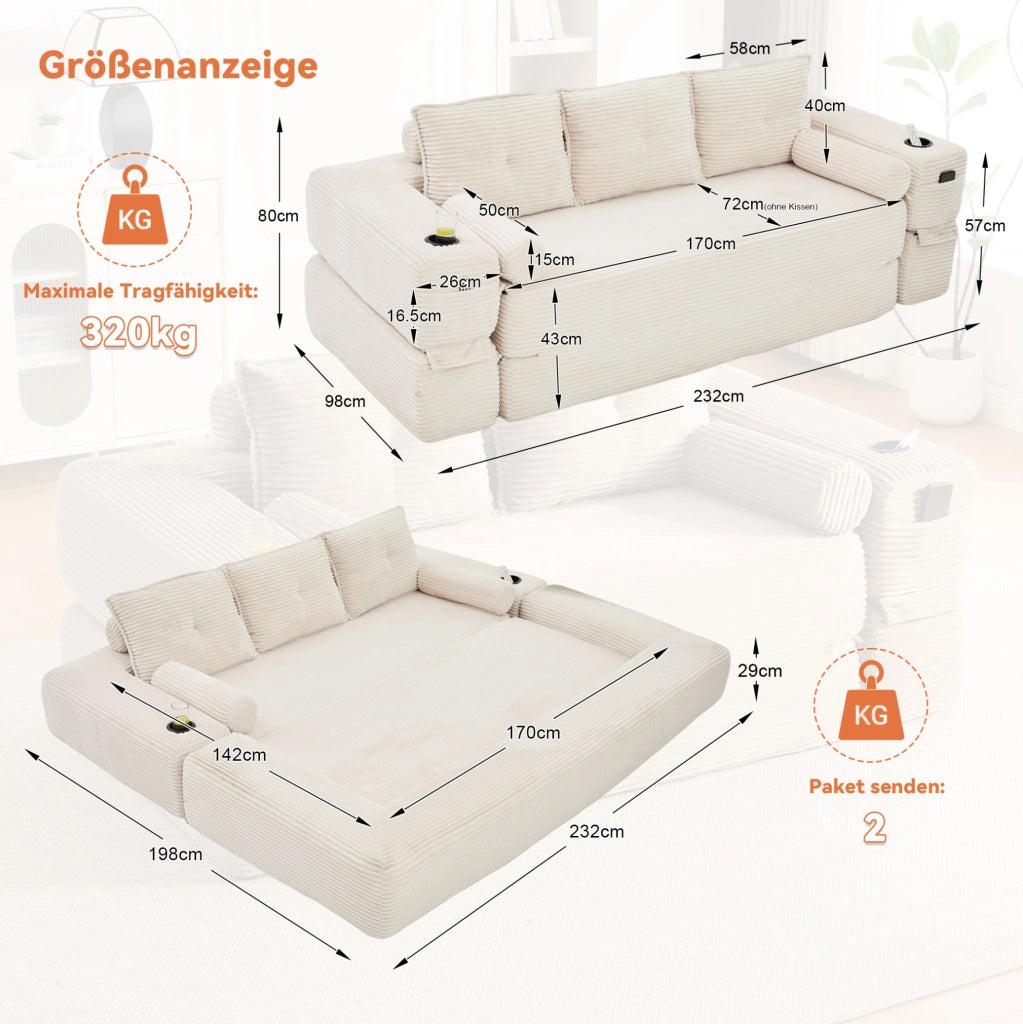 Divano letto pieghevole in velluto a coste beige con portabicchieri