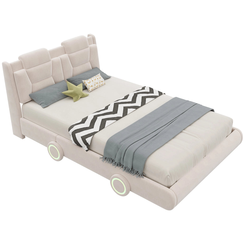 Letto imbottito per bambini 140x200 cm in flanella crema con design auto e testiera regolabile