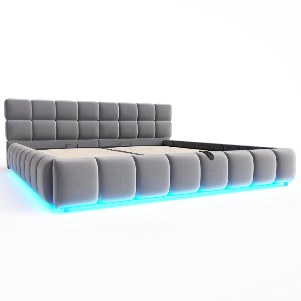 Letto imbottito 180x200 cm con illuminazione LED, contenitore idraulico e testiera in velluto grigio