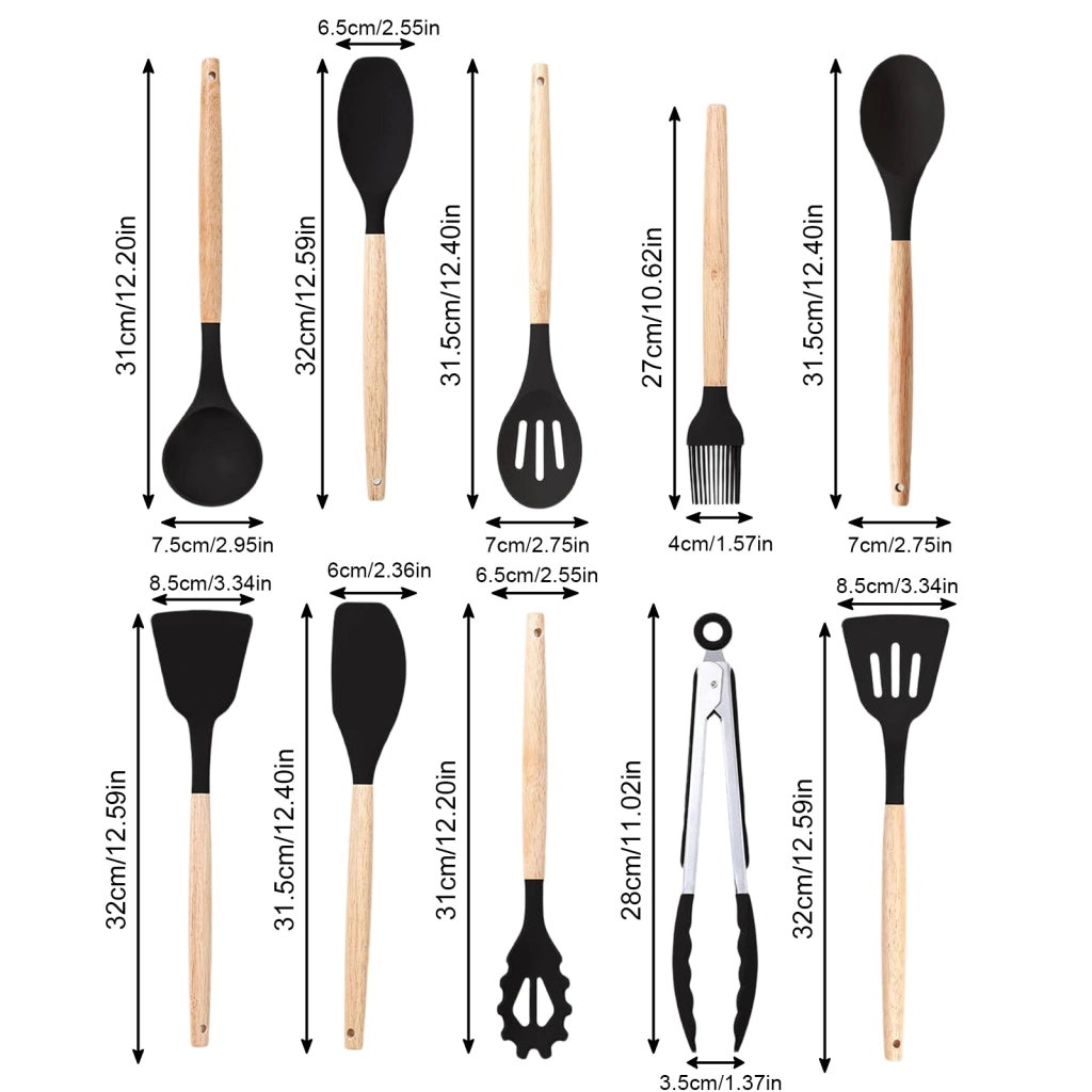 Set di 12 utensili da cucina in silicone nero con supporto