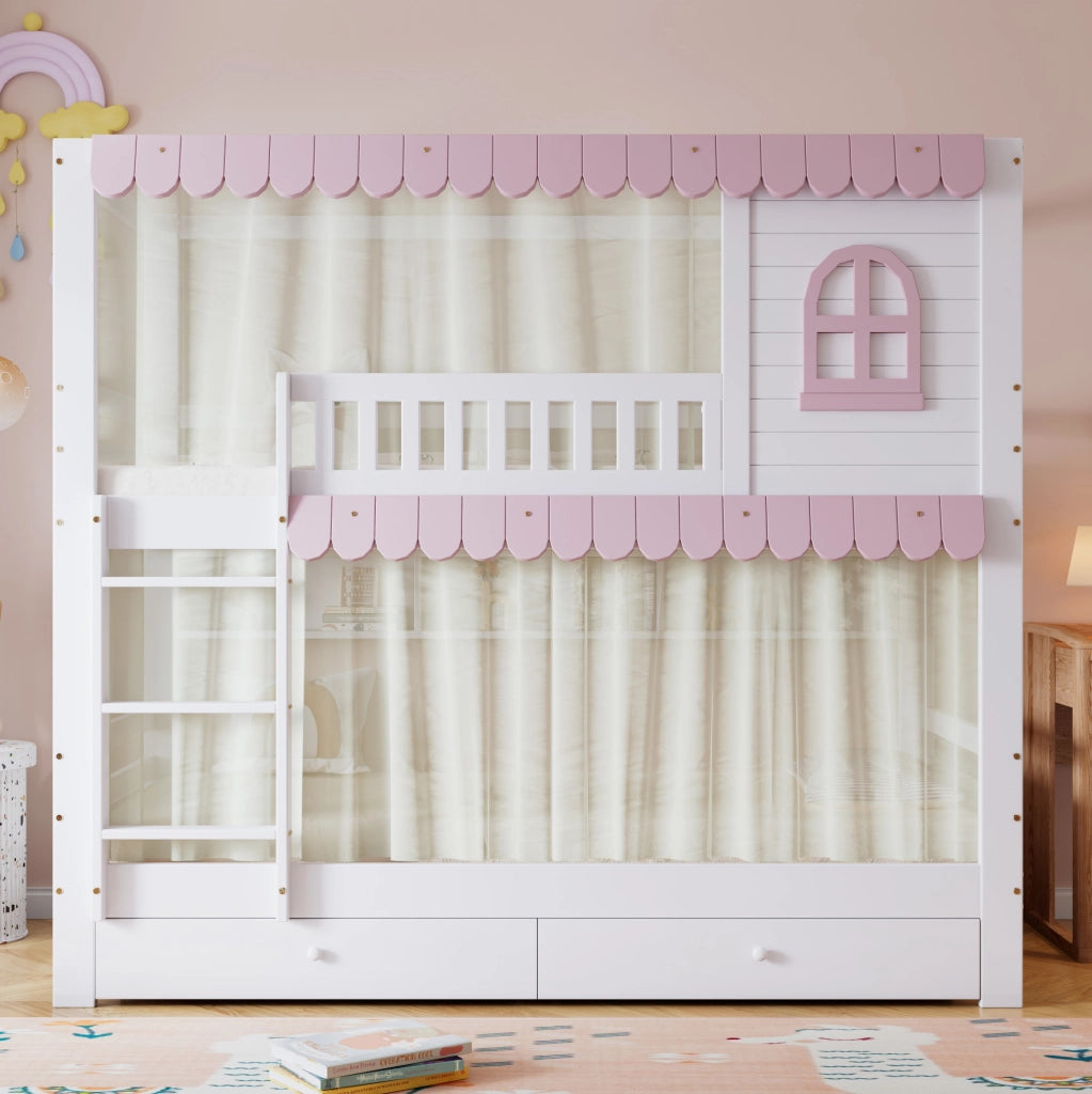 Letto a castello per bambini 90x200 cm con cassetti e ripiani in pino e MDF bianco e rosa