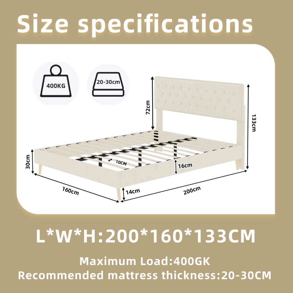 Letto matrimoniale beige in velluto 160 × 200 cm con materasso